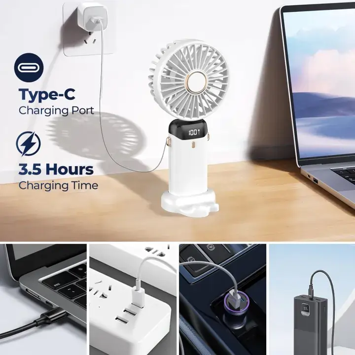 Portable USB Rechargeable Mini Handheld Fan with LED Display, 5 Speed Foldable Desk & Neck Hanging Cooling Fan Portable USB Rechargeable Mini Handheld Fan with LED Display, 5 Speed Foldable Desk & Neck Hanging Cooling Fan