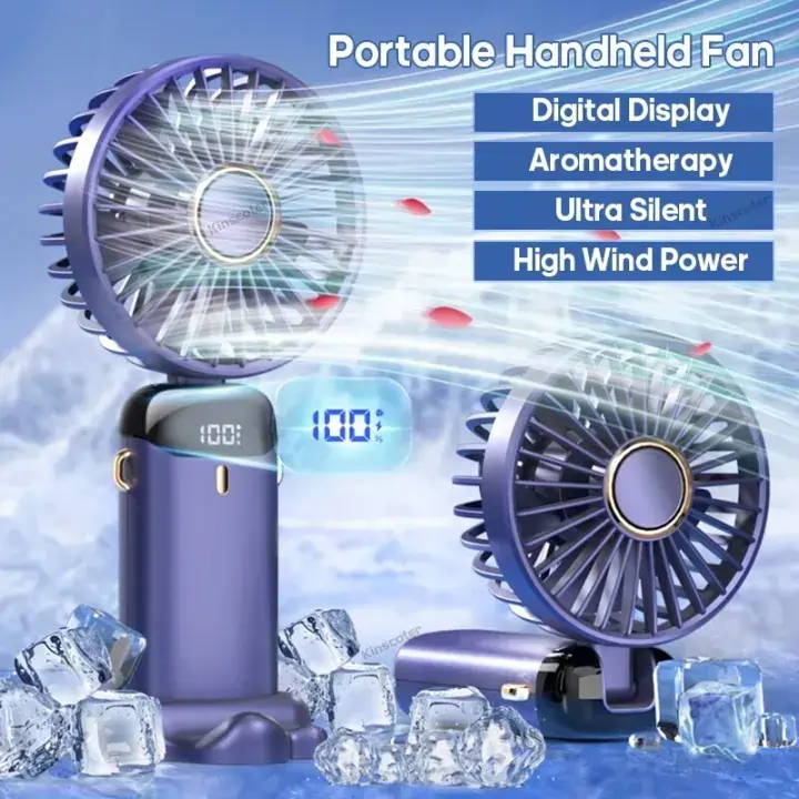 Portable USB Rechargeable Mini Handheld Fan with LED Display, 5 Speed Foldable Desk & Neck Hanging Cooling Fan Rechargeable Mini Fan with LED Display